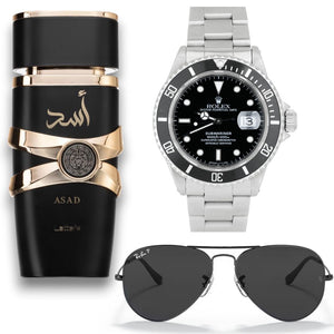 Combo Perfume Asad + Rolex (R) plata negro + Gafas tipo Rayban