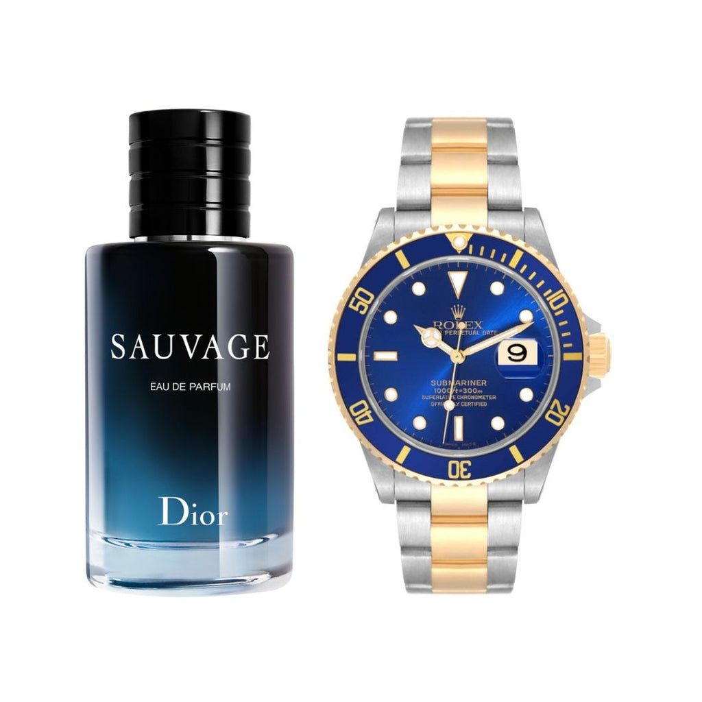 Perfume Sauvage + Reloj bicolor azul